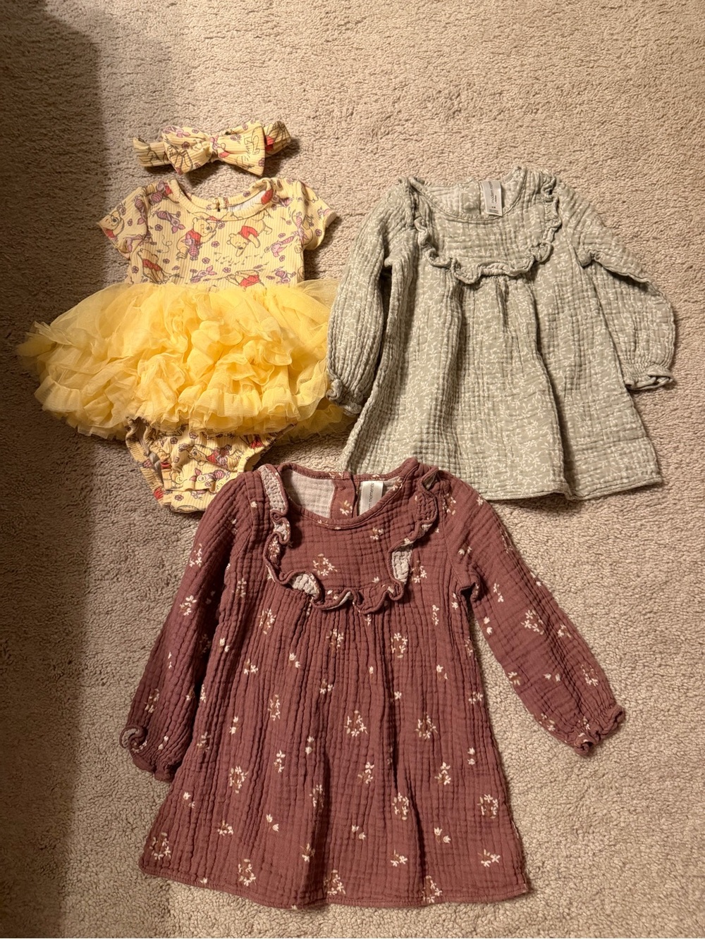 Yellow Tutu Bodysuit + Mauve & Sage Ruffle Dresses - 3-Piece Toddler Set
